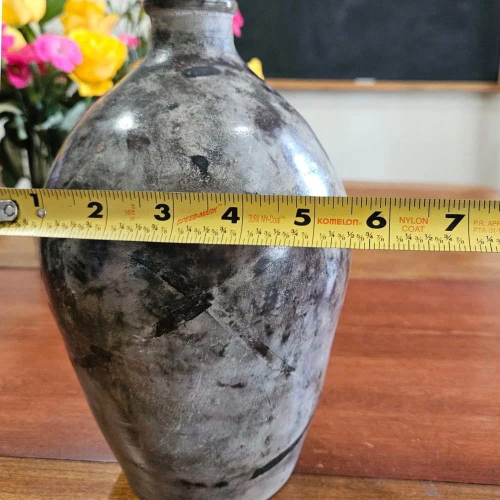 Signed Studio Pottery Bottle Vase Mottled Black Grey Glaze Hand Thrown Ceramic
